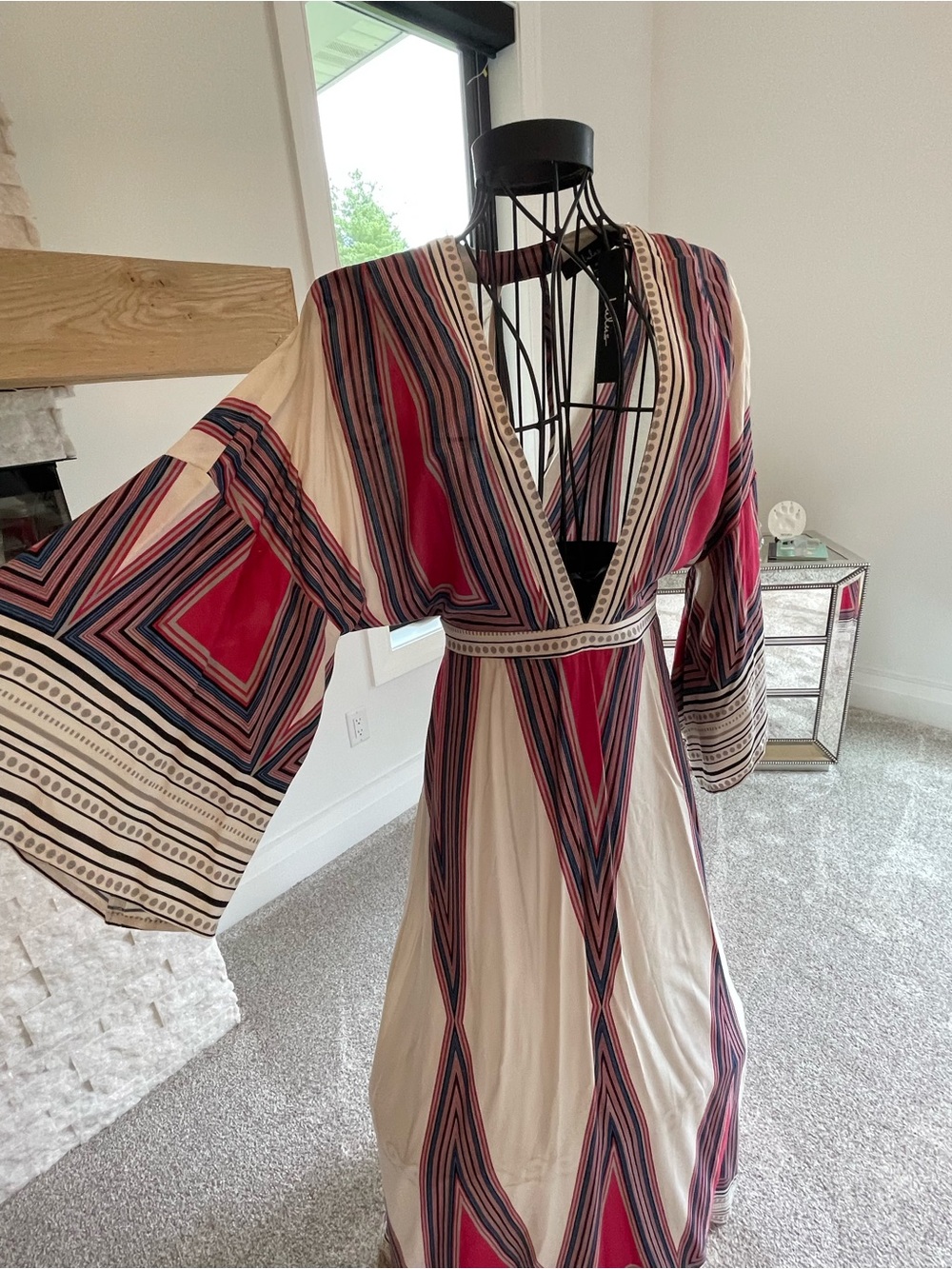 Lulu's Cream Maxi Dress with Red and Navy Geometric Stripes
